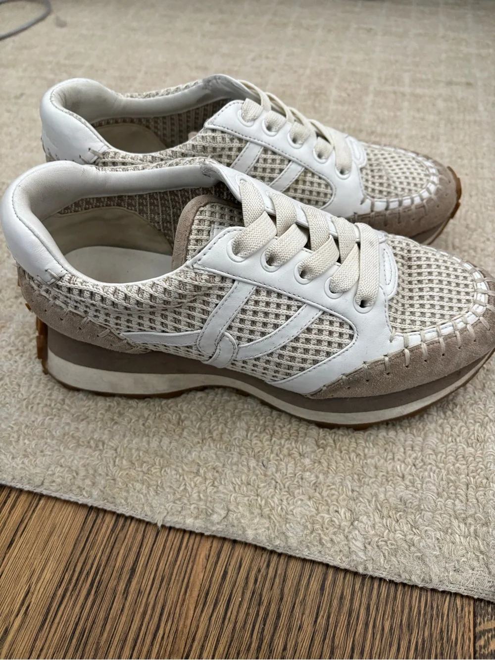 Veronica Beard Woven Lace-Up Sneakers in Cream and Taupe